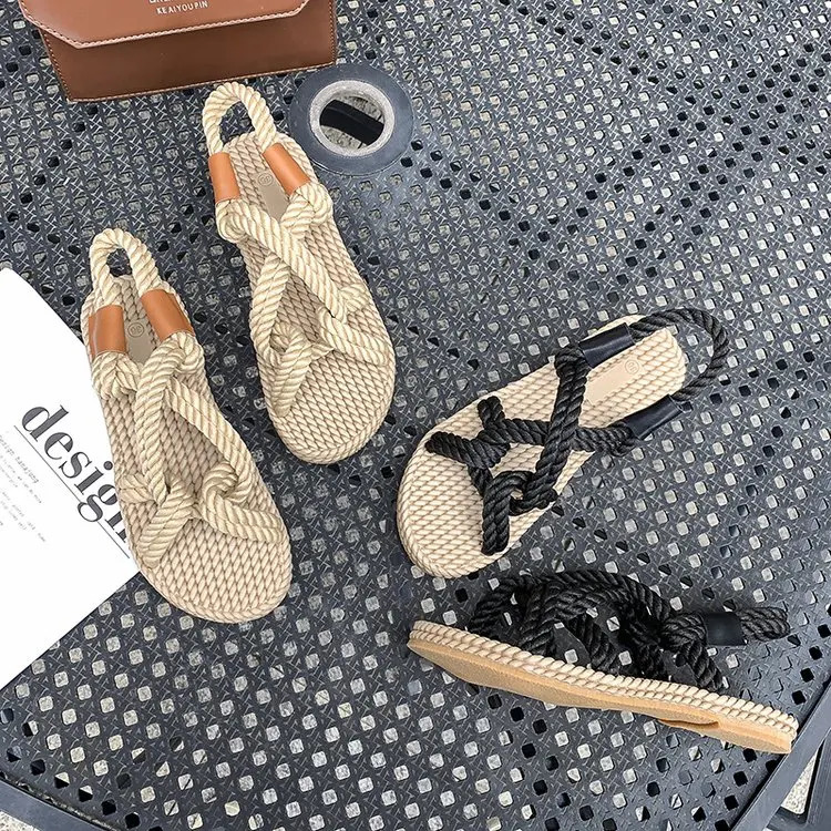 Rainbow Color Rope Sandals Woman Retro Weaved Fishman Sandalias Ladies Sea Blue Beach Slippers Handmade Bohemian Straw Shoes 250102