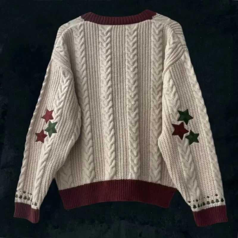 Christmas tree womens cardigan wool sweater autumn and winter knitted cardigan wool sweater with star embroidery holiday sweater folk top Christmas gi