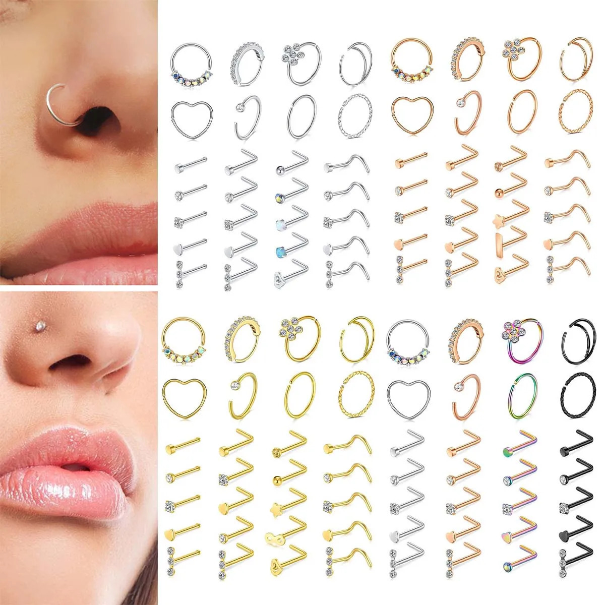 28Pcs/Set 20g Stainless Steel Nose Rings Hoop L Shape Nose Studs Nose Screw Bone Rainbow Pack For Women Men 250103