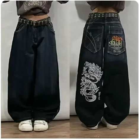 Street Y2K American trend loose straight jeans Harajuku womens hip-hop clown wide pants couple casual high waisted jeans W250103