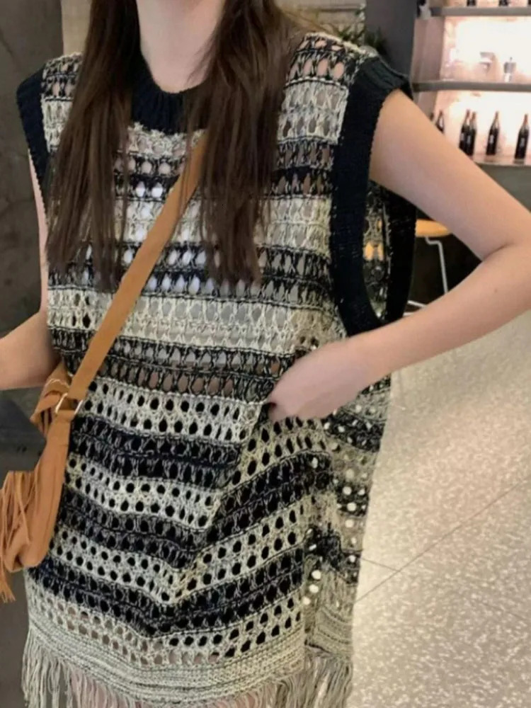 Summer Chic Hollow Out Sweet Tassels Female Mini Dresses Classic Striped Contrast Color Fashion Knitted Casual Women Dresses 250102