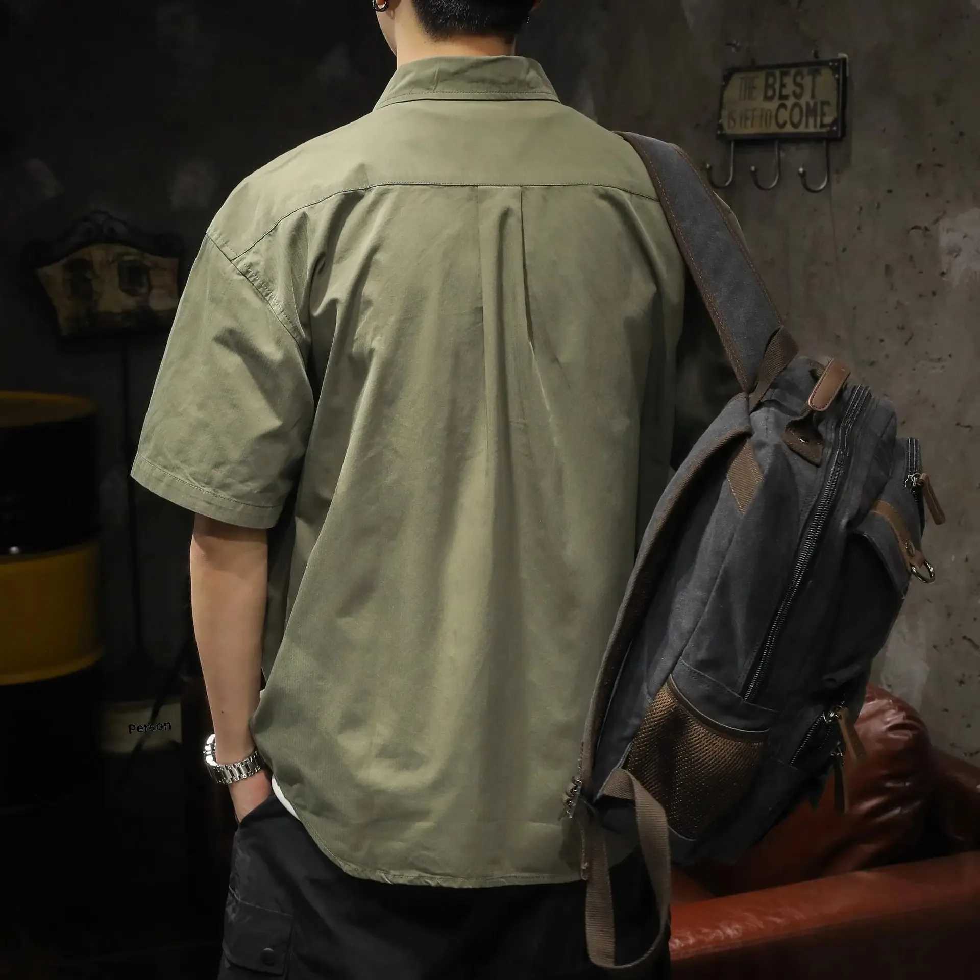 American retro mens short sleeved T-shirt loose fit casual workwear summer trend double pocket shirt W250103