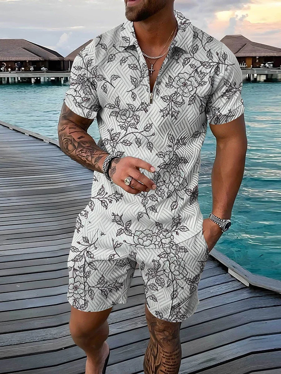 Mens Tracksuit 3D Print Summer Short Sleeve Polo Shirt Shorts Suits Fashion Casual Zipper T Shirt 2 Piece Set Oversized Outfits 250102