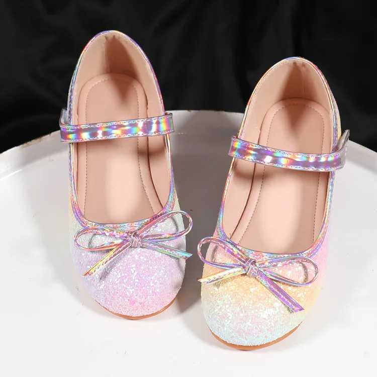 Princess Wedding Shoes Autumn New Rainbow Bow Childrens Soft Sole Leather Shoes Sparkling Girls Dance Party Shoes Childrens Apartment M250103