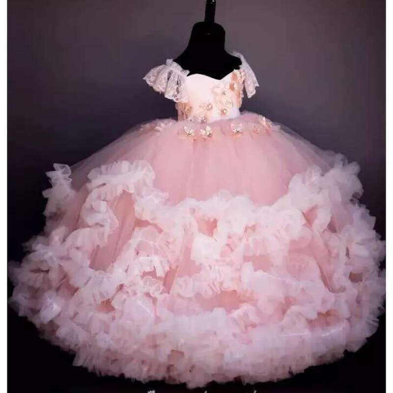 Pink Ballroom Pageant Dresses Off Shoulder Appliqued Beaded Ral Wer Girl Backless Ruffle Tiered Skirt Birthday Gowns