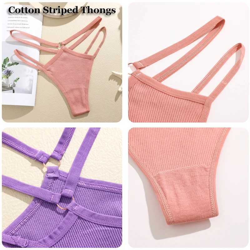 FINETOO 4pcs cotton double thin waistband womens underwear sexy low waist striped thong womens earth pants breathable underwear W250103