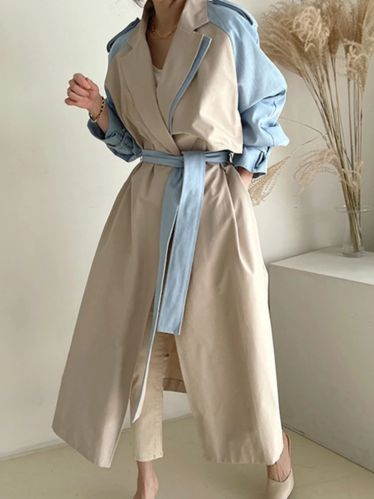 UCXQ Fashion Long Jacket Vintage Patchwork Contrasting Lapel Lace Up Waist Elegant Trench Coat Women 2025 Spring Autumn 9792 241224