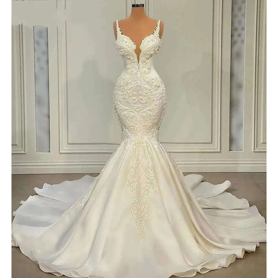 Spring Mermaid Wedding Dress 2024 Sexy V-Neck Pearls Appliqued Lace Satin Bridal Gowns Chic Vestidos Noiva Robe De Mariage