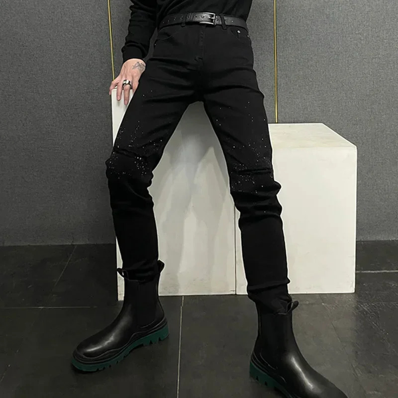 Black Rhinestone Jeans Mens Fall Slim Fit Stretch Feet Pants Fake Ripped n Casual Long Mens Pants Autumn Clothes 241230