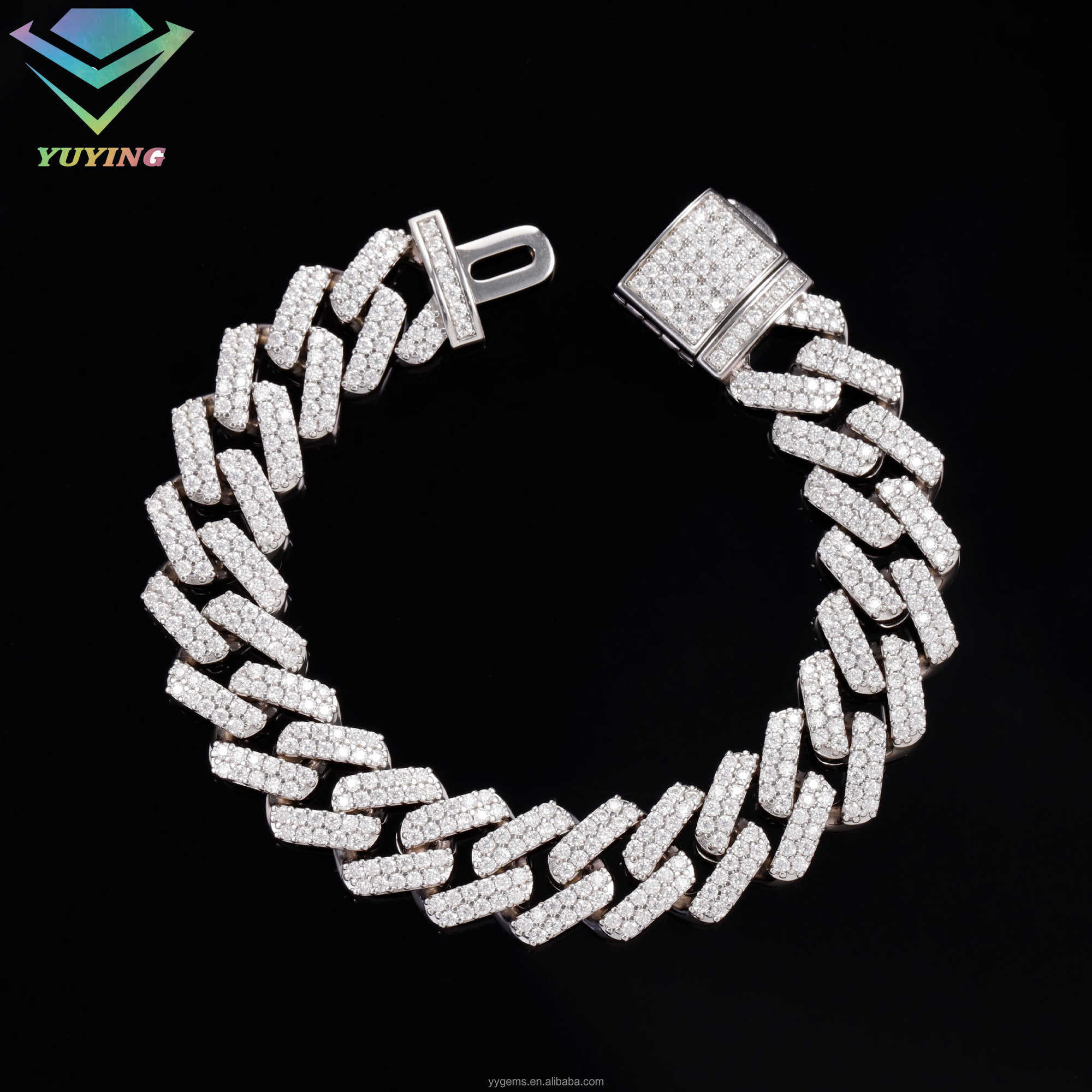 Yu Ying 100% Pass Tester Moissanite Bracelet 2rows 13mm S925 Silver Hip Hop Bracelet For Men Moissanite Cuban Chain Bracelet