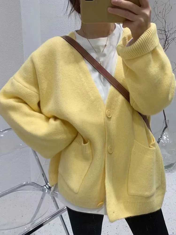 OHRYIE Autumn/Winter New Knitted Womens Loose Casual V-neck Knitted Sweater Coat Womens Solid Cardigan M250102
