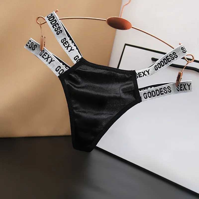 Womens silky smooth hollow underwear fashionable solid color cotton low waist letters sexy satin thong for fun girls W250103