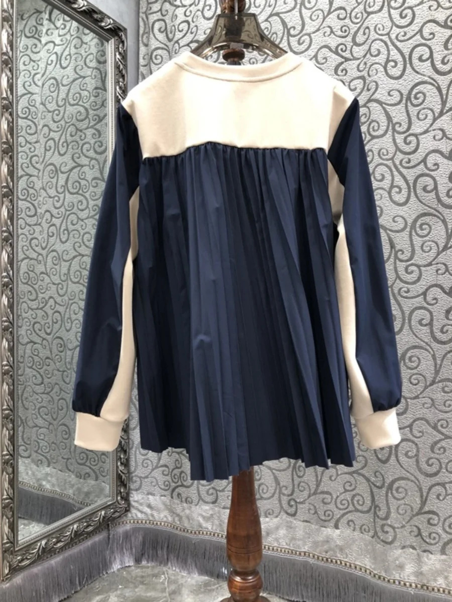 Nomikuma Irregular Contrasting Color Splicing Back Pleated Round Neck Sweatshirt For Women 2024 Autumn New Niche Top Hoodie