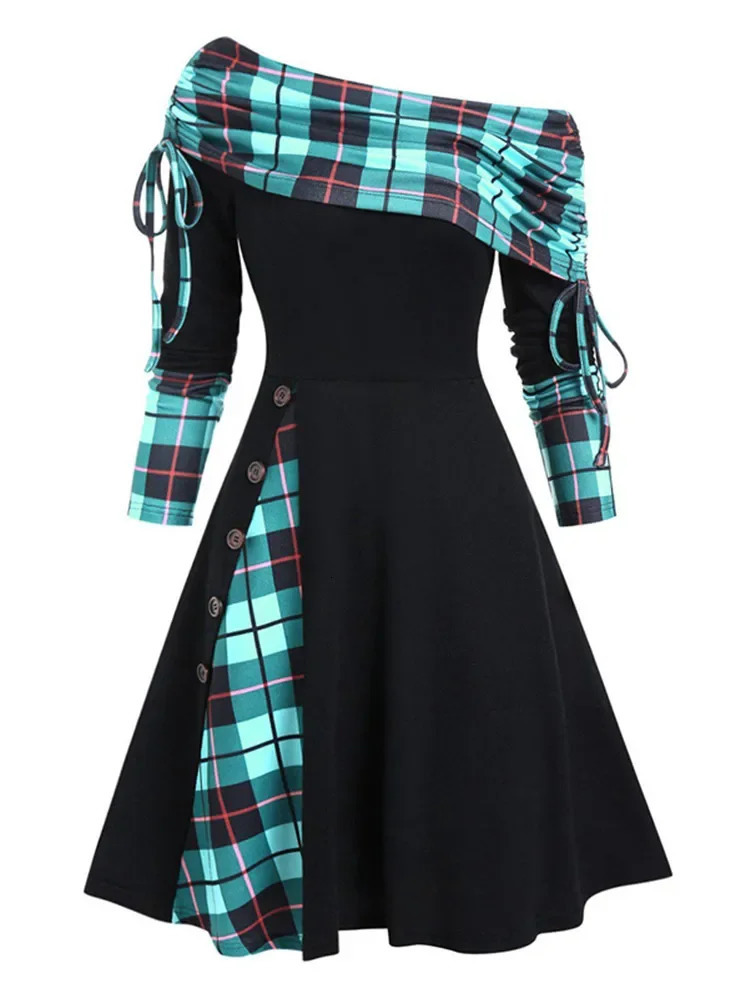 Fashionable womens autumn/winter shoulder long sleeved dress with a fitted waist and a large swing 250102