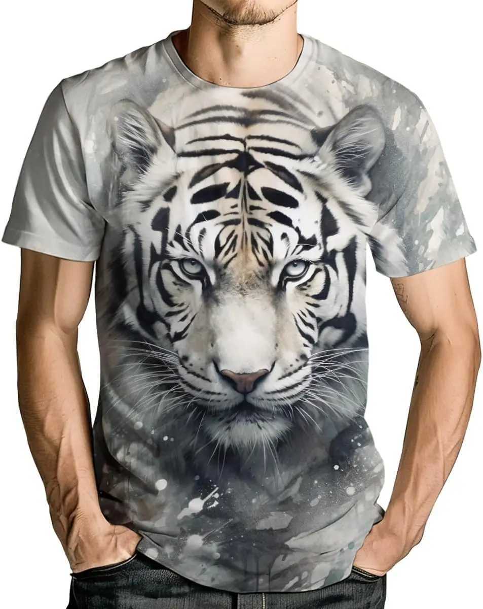 Mens Novelity Tiger Graphic T-Shirts White Tiger 3D Print Summer Short Sleeve Tee ShirtXJ240102