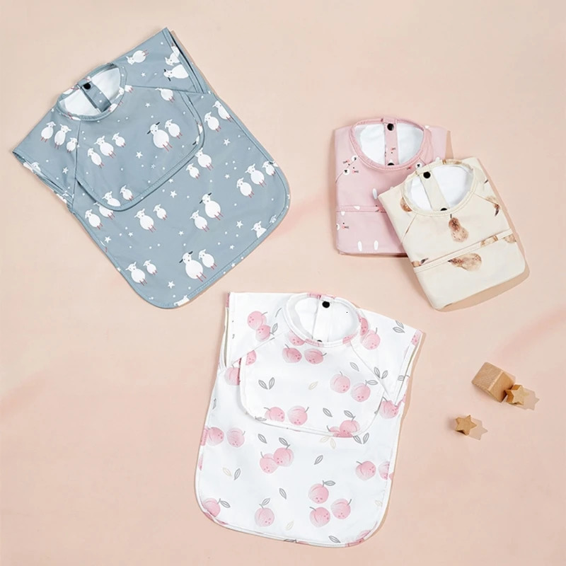 Short Sleeved Baby Drooling Bib Reversible Burping Cloth Waterproof for 12-36 Month with Front Pocket Baby Eating Bib 250103