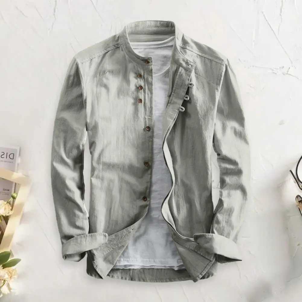 Mens linen cotton shirt cotton linen stand collar long sleeved slim fit mens casual shirt single chest classic office shirt W250103
