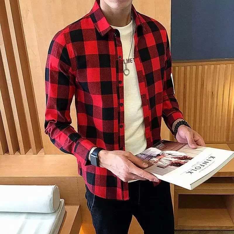 202 spring/summer casual red checkered long sleeved shirt youth lapel checkered tight fitting shirt smooth silhouette thin jacket W250103