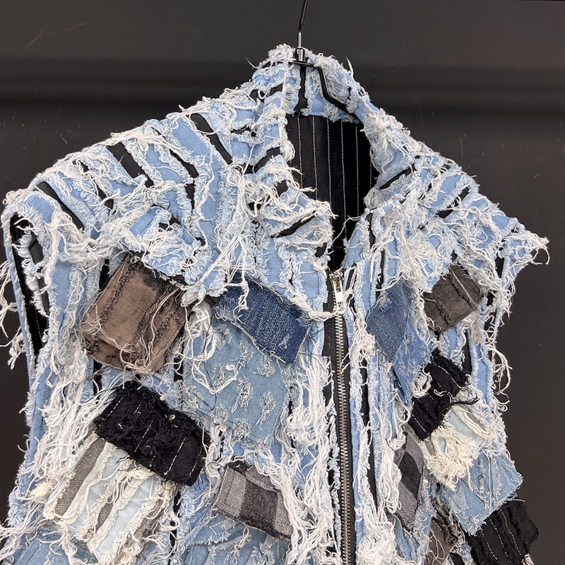 PFHQ Multi Pocket Design Short Denim Vest Zipper Sleeveless Shoulder Contrast Color New Fashion Male Tops 21Z5335