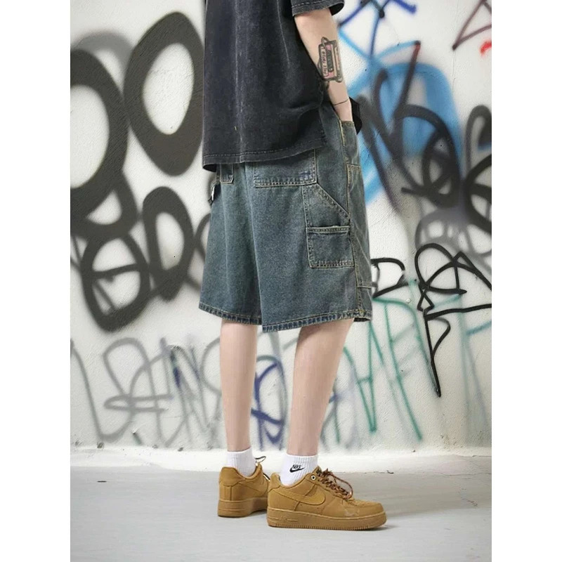 Mens denim shorts summer thin retro American street fashion loose straight casual wash knee long jeans 241230