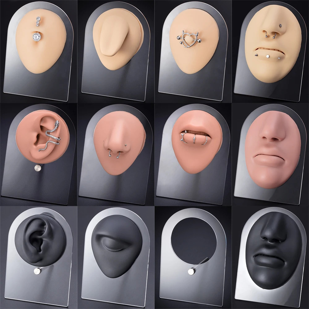 1pc Silicone Human Mouth Nose Ear Tongue Model Simulation Face Model with Display Stand Piercing Jewelry Display Teaching Tool 250103