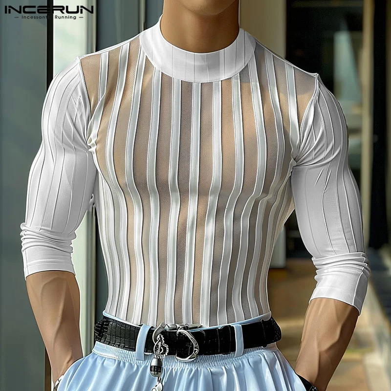 INCERUN Men T Shirt Striped Mesh Patchwork Turtleneck Long Sleeve Men Clothing Streetwear 2024 See Through Fashion Camsietas 250102