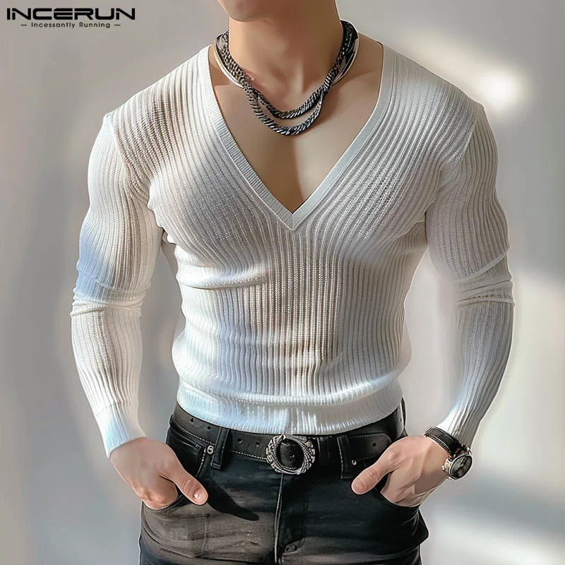 INCERUN Tops 2024 Korean Style Men Solid V-neck Knitted T-shirts Summer Casual Streetwear Simple Long Sleeved Camiseta S-5XL 250102