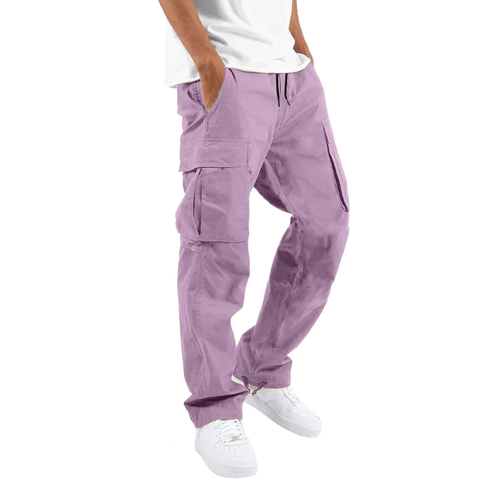 Mens Fashion Casual Pants With Pockets Drawstring Elastic Waist Solid Color Multiple Pockets Loose Sports Cargo Pants 250102