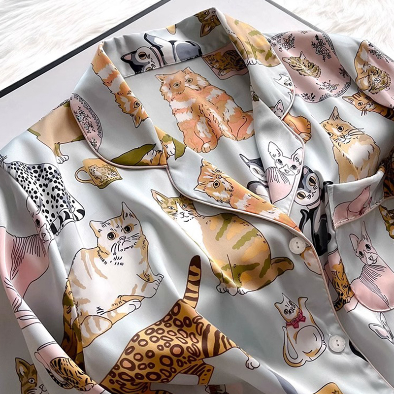 Autumn New Ice Silk Soft Lapel Button Cardigan Sets Women 2 Pieces Cute Cat Printing Pamas For Girls