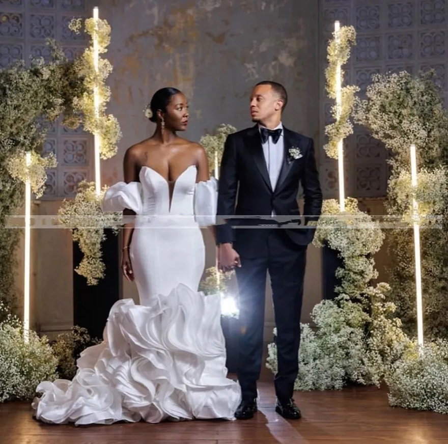 Cascading Ruffles Mermaid Wedding Dresses for Black Bride Sweet Heart Off Shoulder African Bridal Gowns robes de mariee