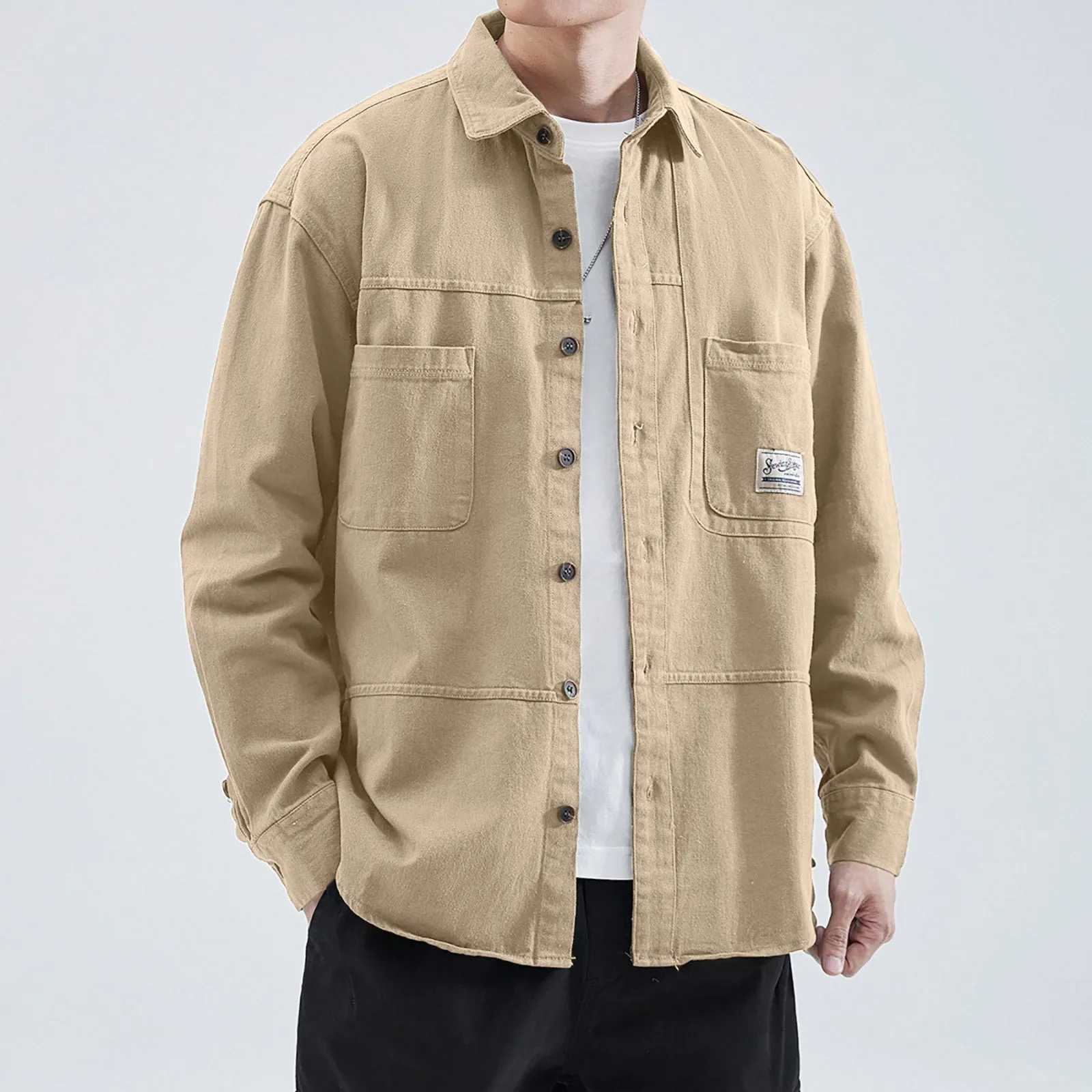 Mens work shirt jacket spring and autumn Japanese loose open top shirt casual long sleeved mens Ropa Hombre shirt W250103