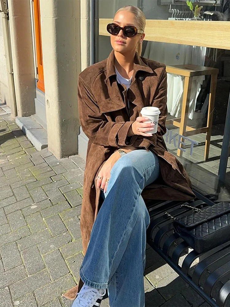Brown Suede Leather Women Winter Coats With Belt Vintage Lapel Double Breasted Coat Ladies 2024 High Street Trench Outerwear 241224