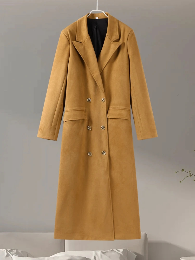 Elegant Suede Leather Women Long Windbreaker Coats Chic Lapel Double Breasted Lady Oversized Jackets 2024 Autumn Street Outwears 241224