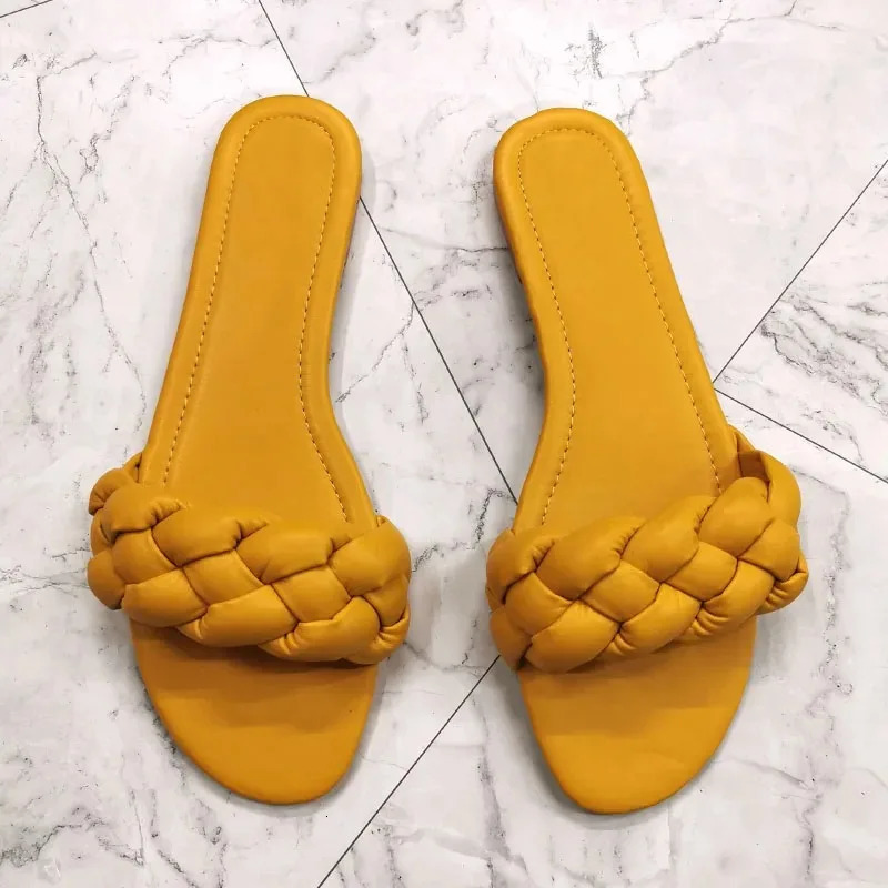 Fashion Open Toe Women Sandals Casual Summer Leather Shoes Woman Slipon Ladies Slides Beach Solid Weave Modern Flat Sandal 250220
