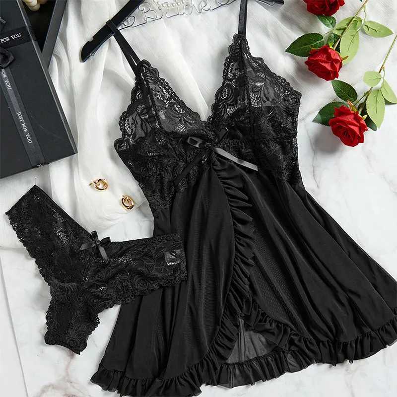 Sexy pajamas womens Ling rie set deep V-slip pajamas and underwear lace pleated decorative underwear pajamas W250103