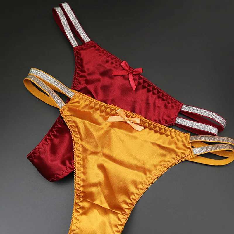 1pc Women Sexy Silky Panties Thin Thong Ice Silk Underwear Shiny Belt Double Strap Lace Low-rise LingerieXJ250103