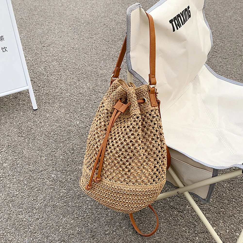 Summer Straw Woven Beach Bag Rattan Ladies Purses Handbag Wrist Pack Women Handle Female Bucket Tote Bags Knit Travel 250102
