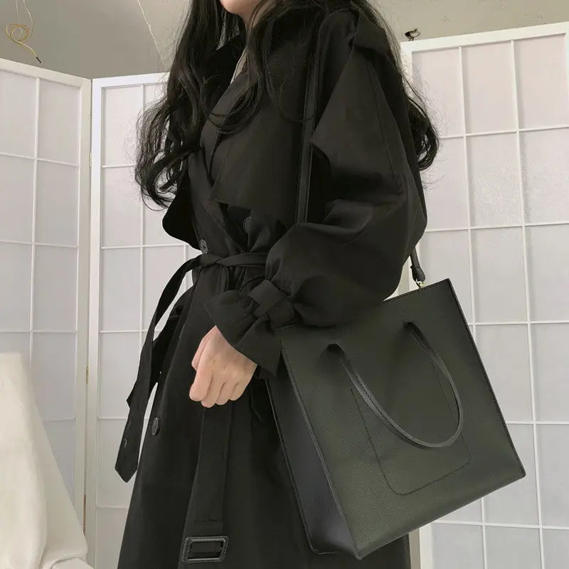 Black Trench Women Vintage Preppy Style Double Breasted Cool Notched Loose Students Korean BF High Street Stylish Long Coats Ins 241224