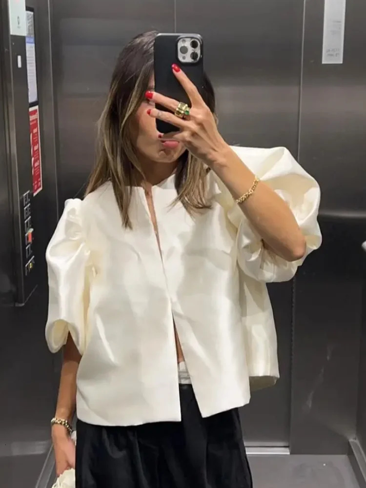 Satin light sleeves elegant womens shirt white short pleated loose O-neck womens shirt spring/summer fashion womens top 250102