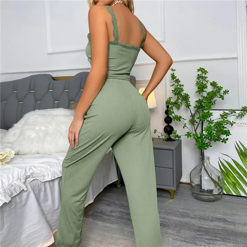 Sexy Casual Womens Pajamas Set Summer Lace Suspenders Long Trousers Two Piece Lounge Sleepwear 250103
