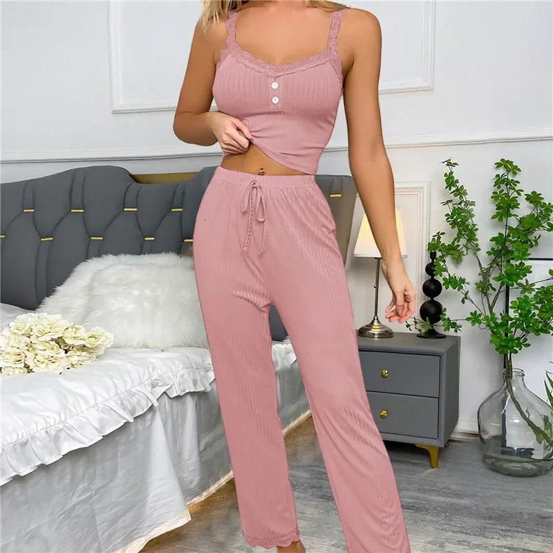 Sexy Casual Womens Pajamas Set Summer Lace Suspenders Long Trousers Two Piece Lounge Sleepwear 250103