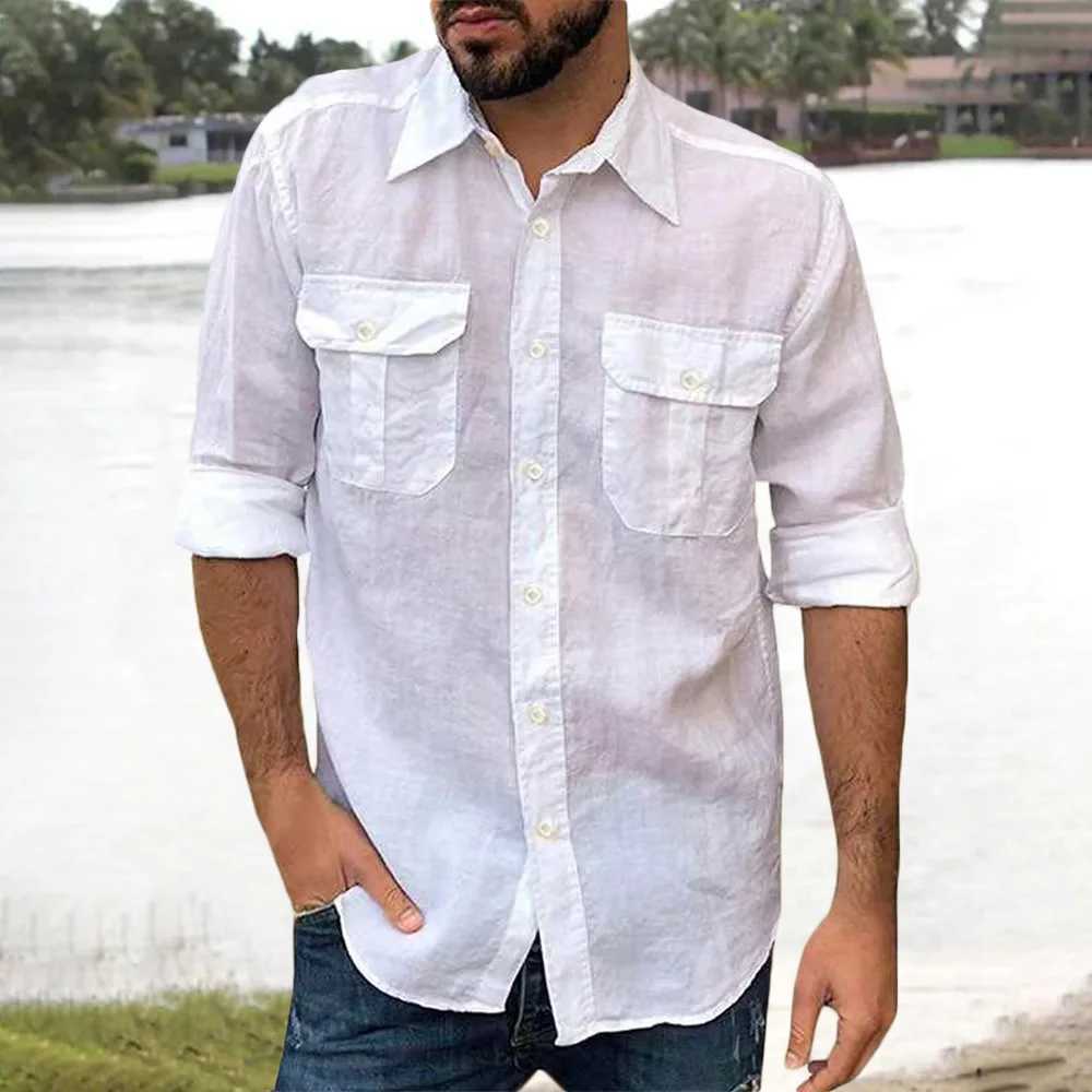 Cotton linen mens long sleeved solid color casual top with collar and double pockets design classic shirt fashionable mens clothing W250103