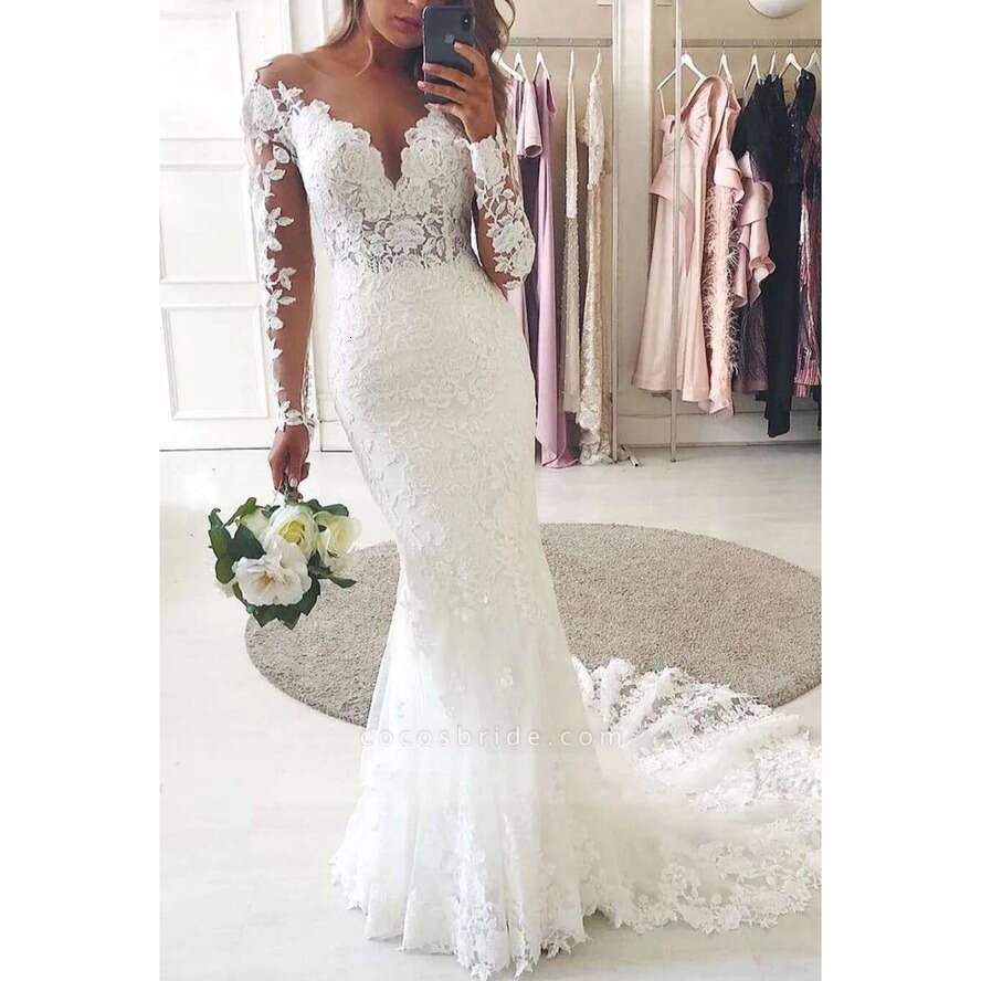 New Lace Mermaid Dress Sheer Long Sleeves Scoop Neck Tulle Applique Backless Bride Dresses Sweep Train Elegant Wedding Bridal Gowns Bc12722