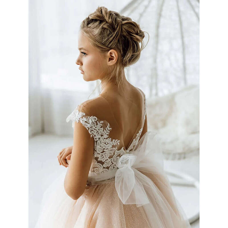 Dress Wedding Lace Tulle Backless Wer Girl Dresses Vintage Junior Bridesmaid Ball Gown First Communion 4 To 8 Years Mc2307