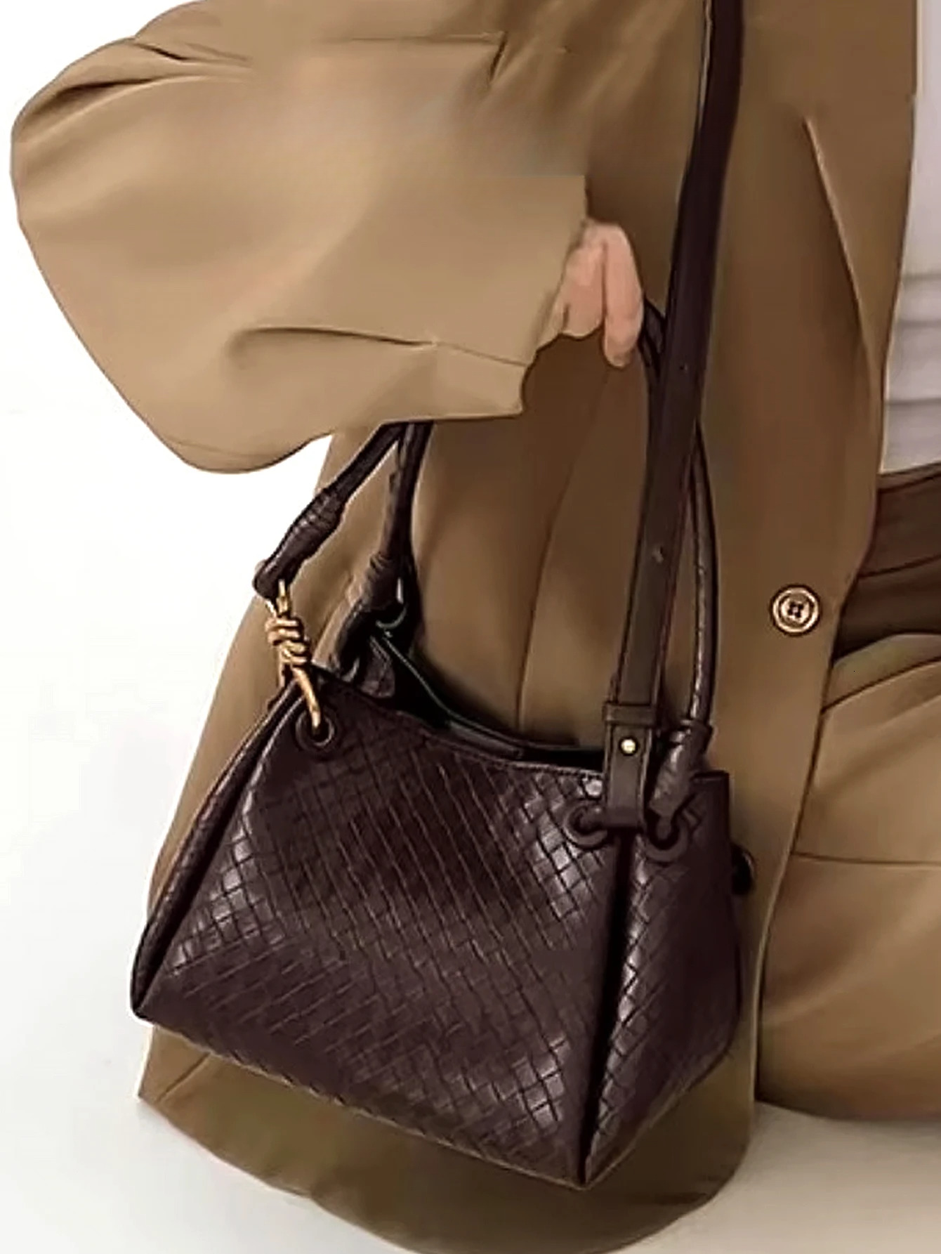Women Elegant Classic Woven Emed Pattern PU Tote Handbag Small Square Bucket Adjustable Strap Shoulder Crossbody Bag