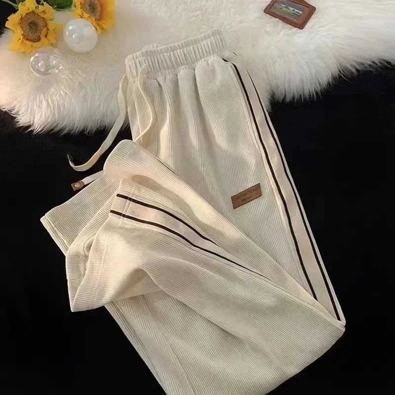 Corduroy striped sports pants womens streetwear thick wide leg pants Y2K Harajuku high waisted runner Korean style bag pants 250102