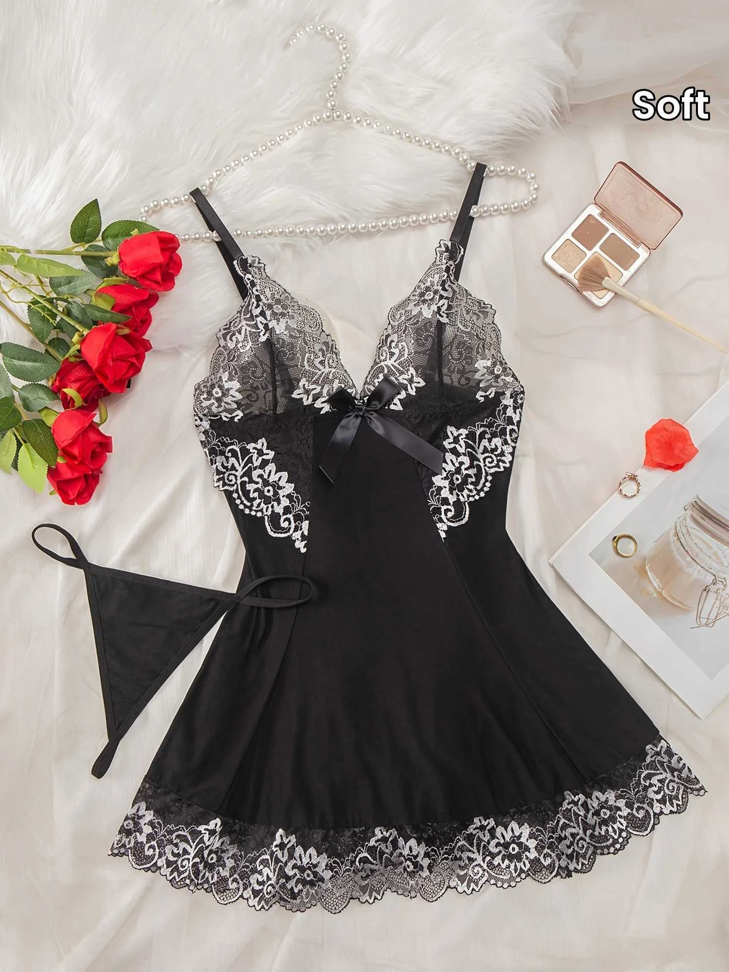 Sexy Womens Slip Fashion Design Evening Dress Lace Splicing Work Comfortable Slip Dress+thong Womens Sexy Sleeveless V-neck Evening Dress W250103