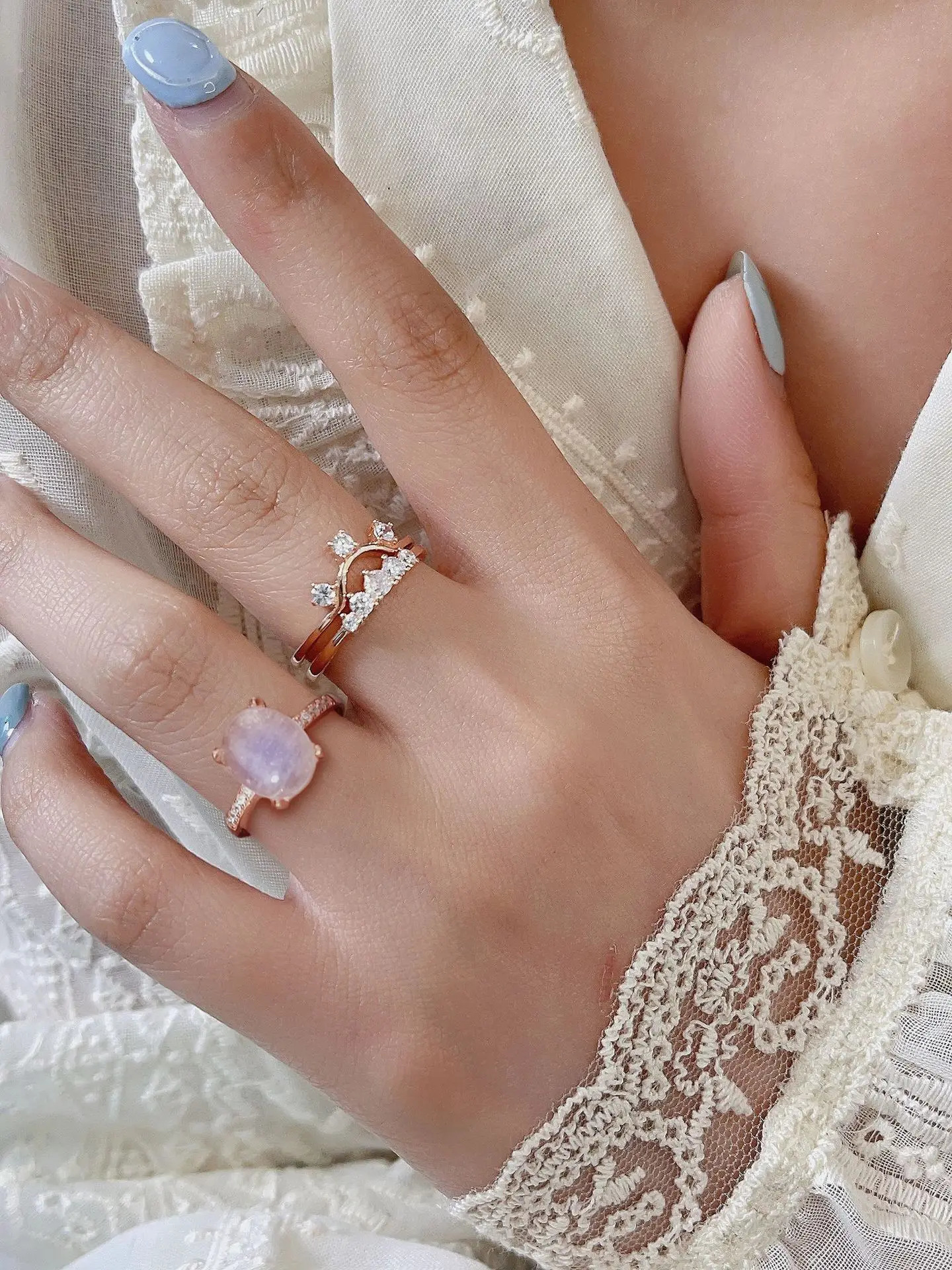 European and American sense s925 pure silver multi-layer moonstone rose gold ring womens fashion ring 250102