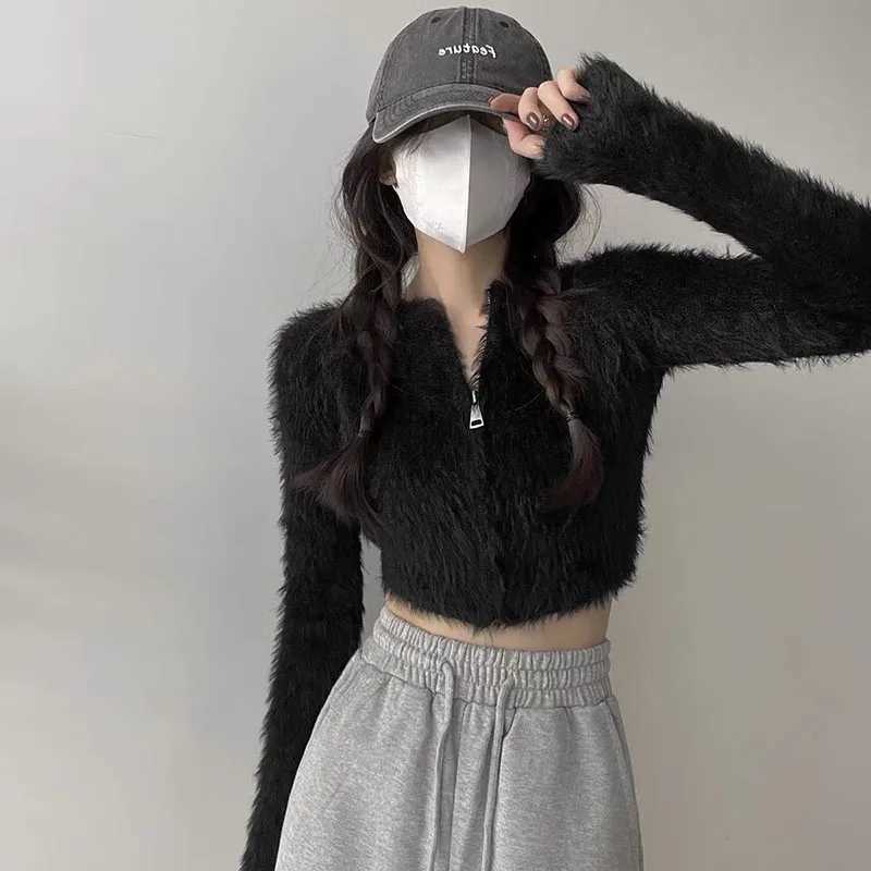Lucys soft short knitted cardigan womens zipper artificial mink cashmere sweater womens autumn and winter long sleeved Y2K crop top M250102