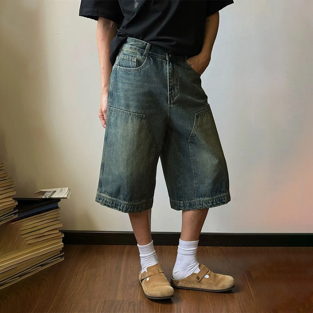 Mens shorts washed high street pocket jeans summer wear resistant American wide leg pants mens clothing unisex 241230